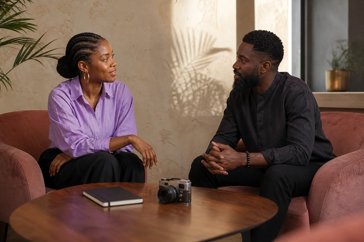 Two creatives talking in a sunlit studio lounge