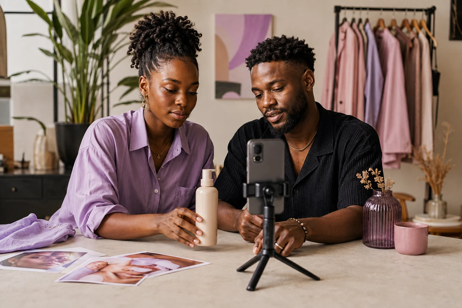 Two creators setting up a product shoot with a phone and moodboard
